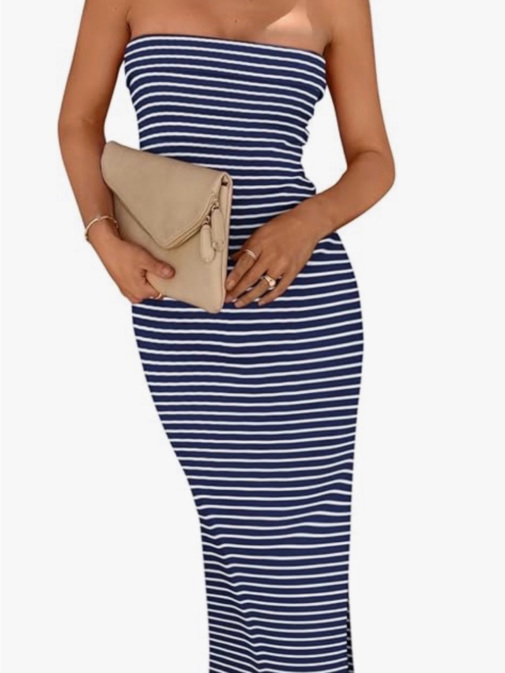 Striped Navy and White Strapless Maxi Dress